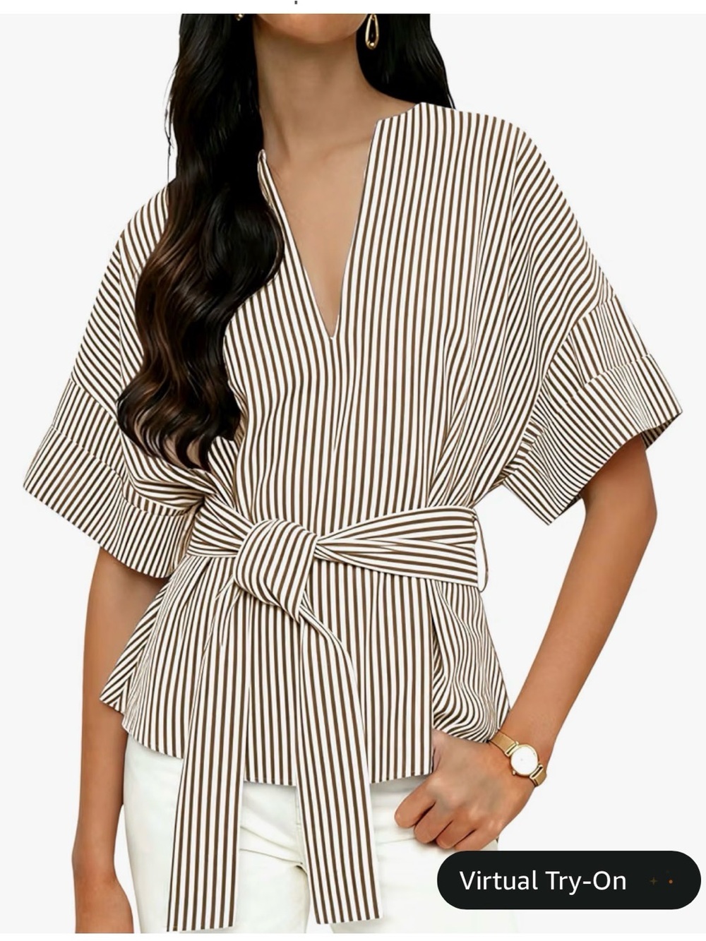 Yidarer Women's Summer Striped Blouse V Neck Short Sleeve Tie Knot Front Tops